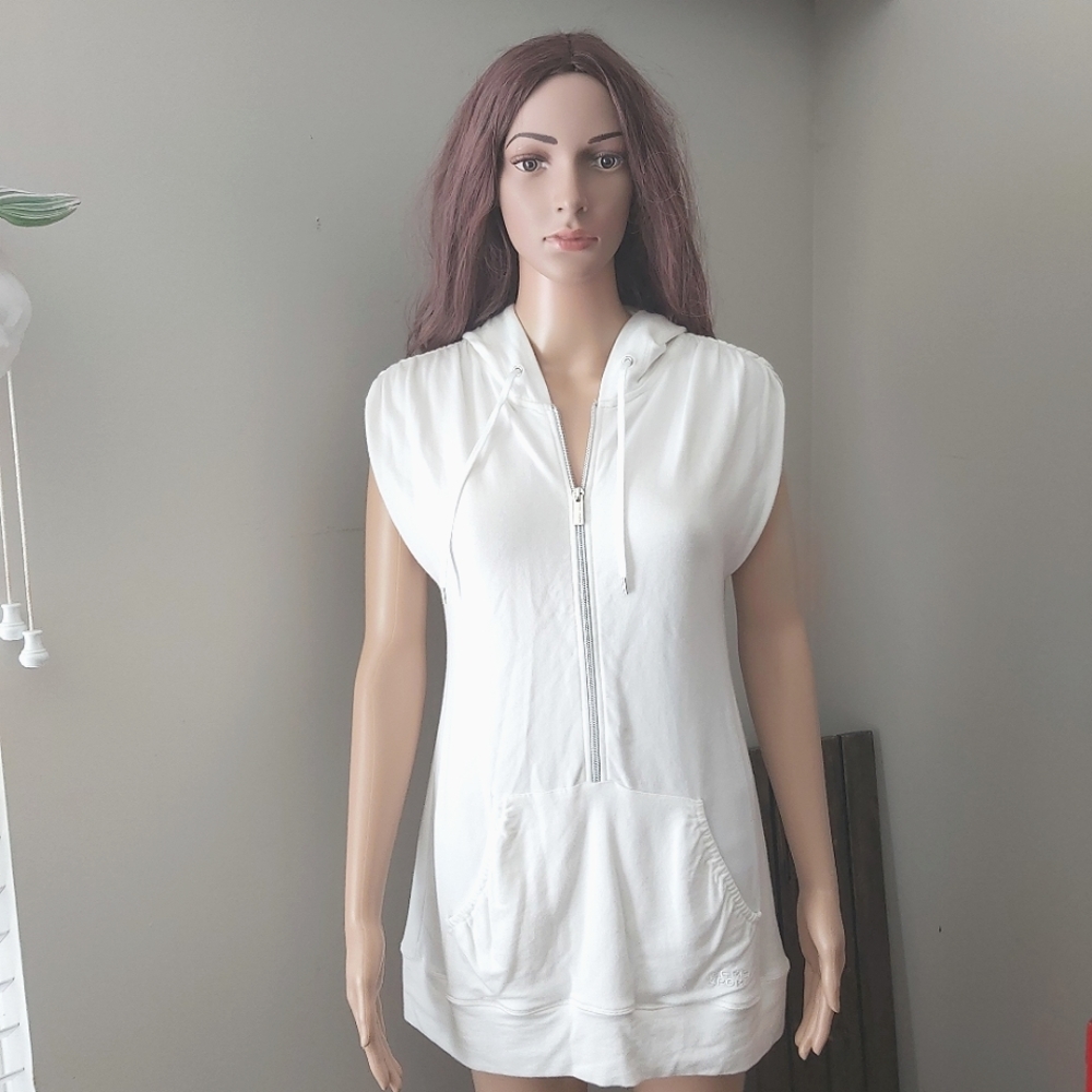 Bebe Sport y2k white long sleeveless hooded vest half zip